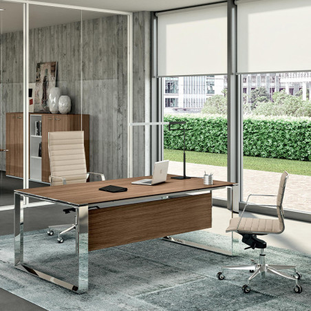 Q6 Management Desk - Modern Design, Glass Top, Linear Wood