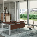 Q6 Management Desk - Modern Design, Glass Top, Linear Wood